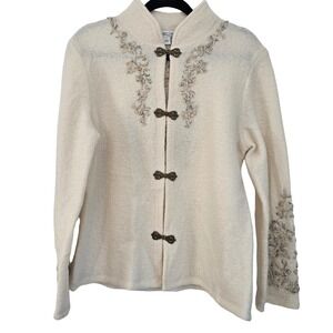 Coldwater‎ Creek Womens L Boiled Wool Embroidered Toggle Cardigan Jacket Cream